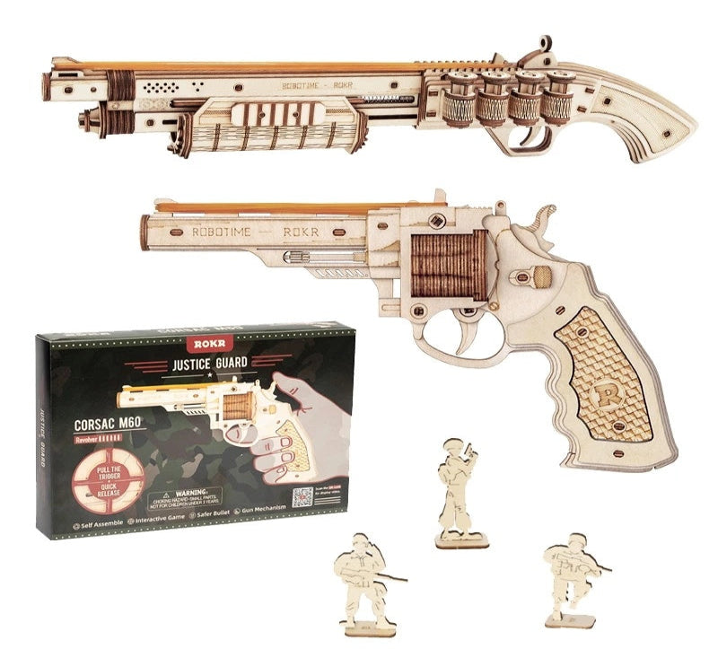 Wooden revolver model kit with packaging and accessories on a white background