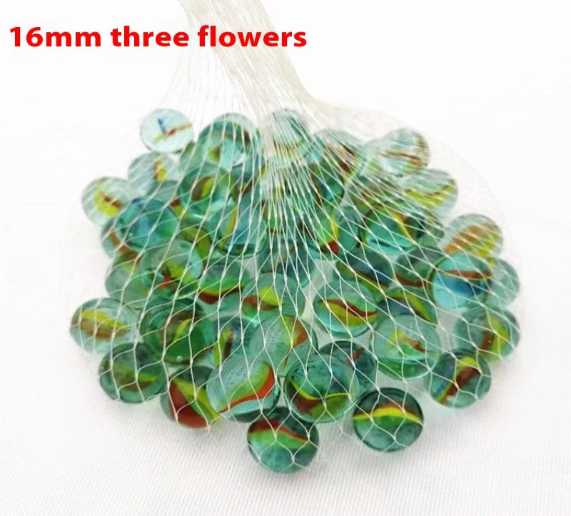 Bag of green marbles with red and brown patterns labeled '16mm three flowers' on a white background.