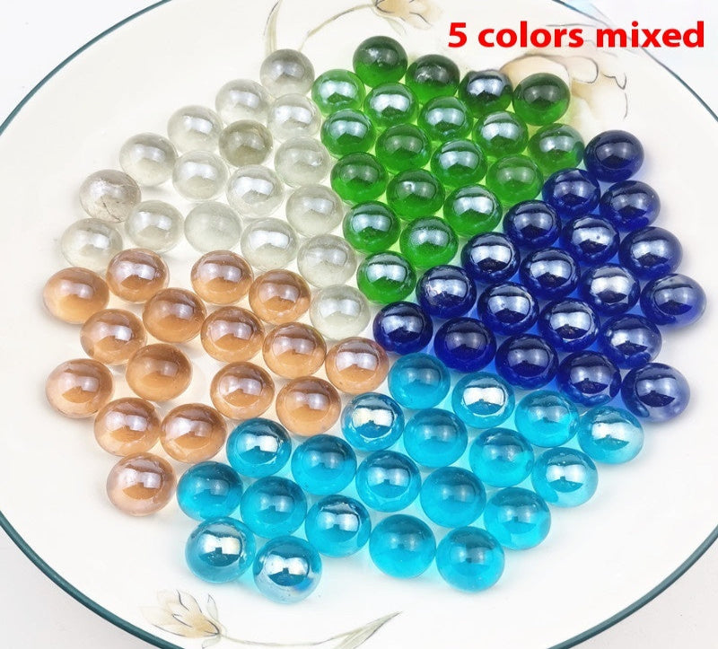 Colorful glass marbles in a bowl with text '5 colors mixed'.