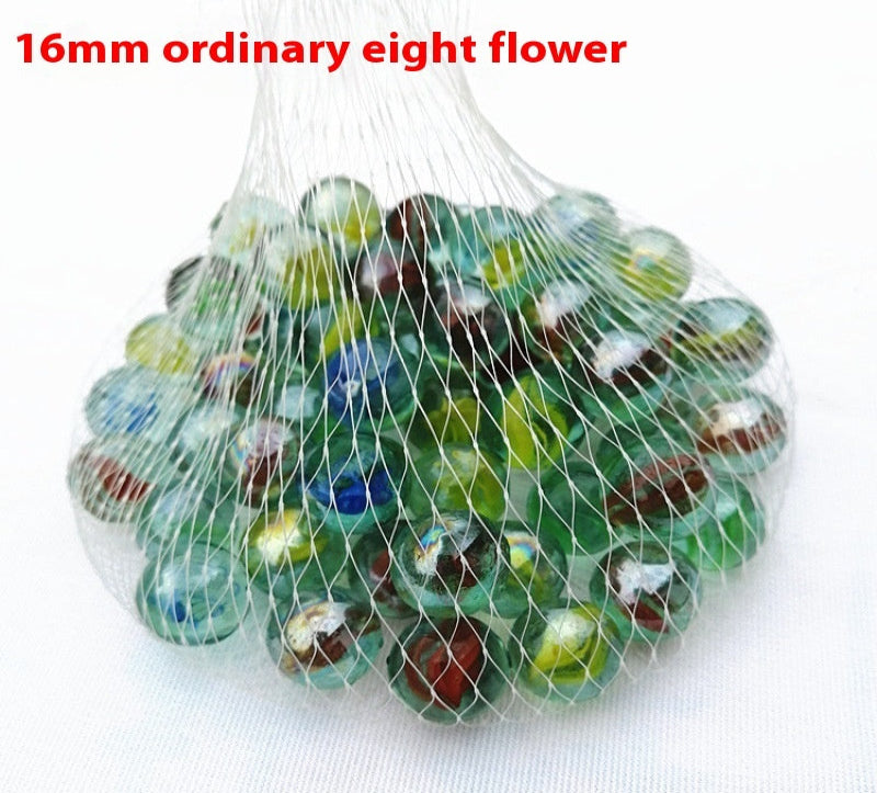 Bag of colorful marbles labeled '16mm ordinary eight flower' on a white background