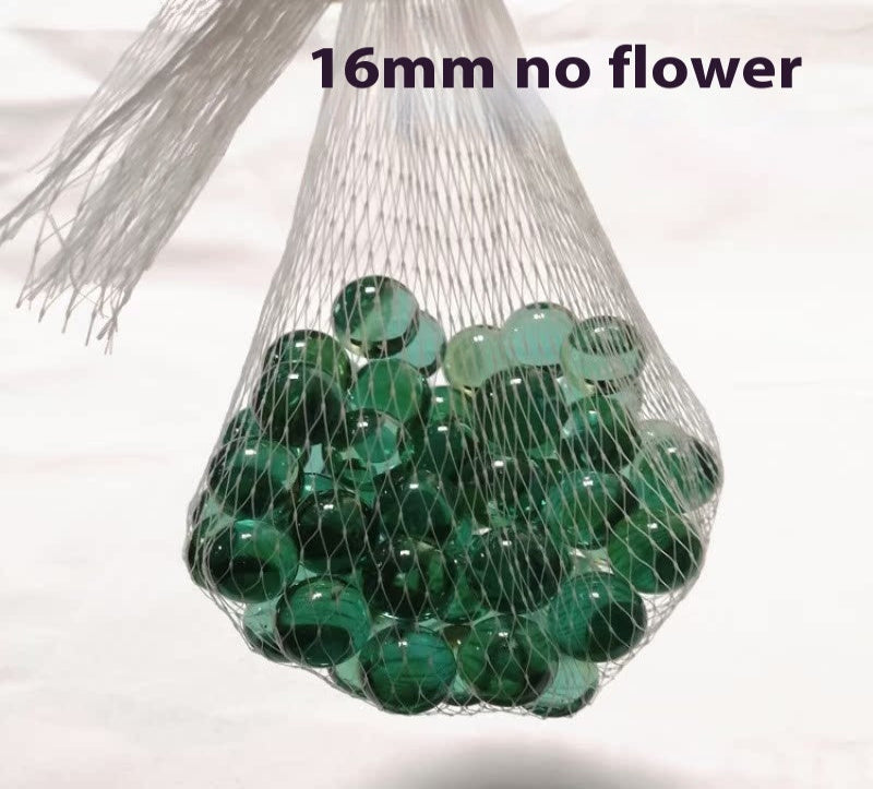 Bag of green marbles labeled '16mm no flower' on a white background