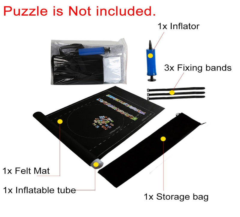 Set of items including a felt mat, inflatable tube, inflator, fixing bands, and storage bag on a white background.