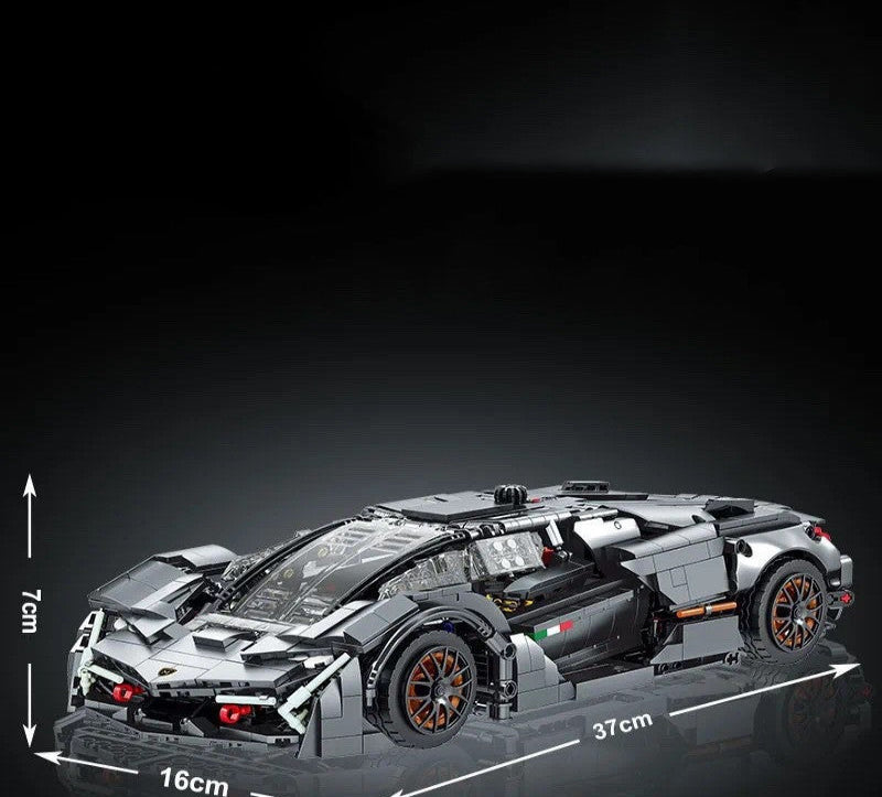 Model car made of interlocking bricks with dimensions indicated on a dark background