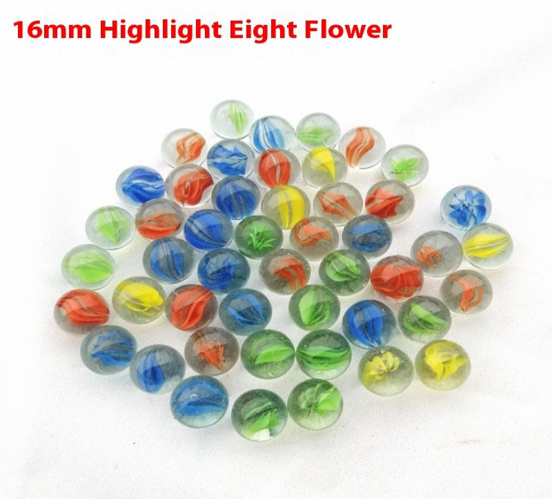 Colorful marbles labeled '16mm Highlight Eight Flower' on a white background