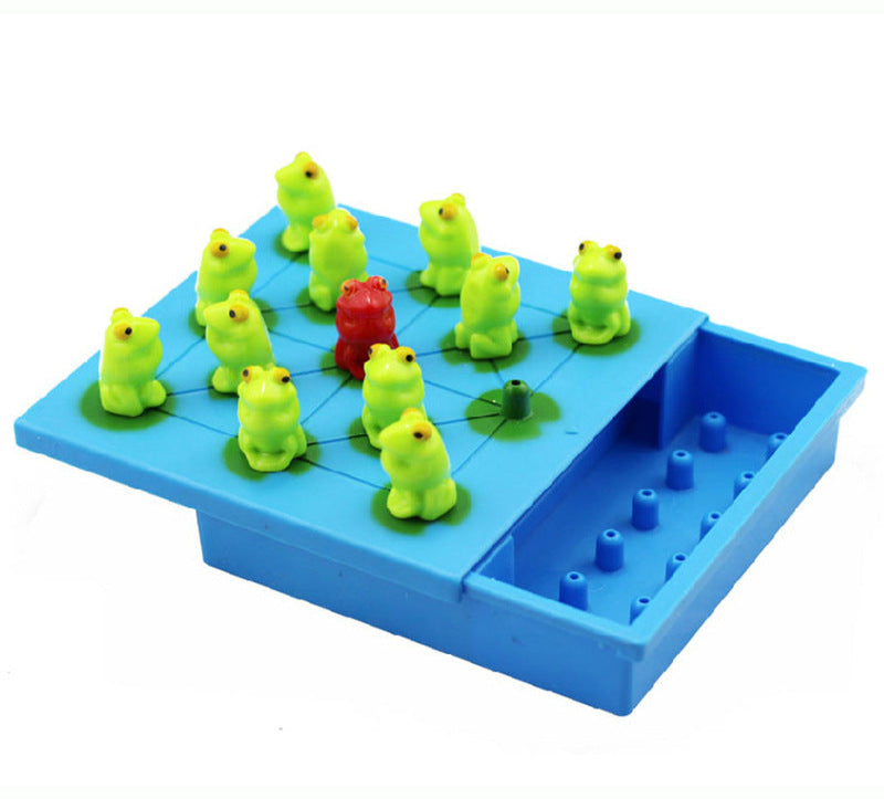 Board game with green frogs and a red bear on a blue board