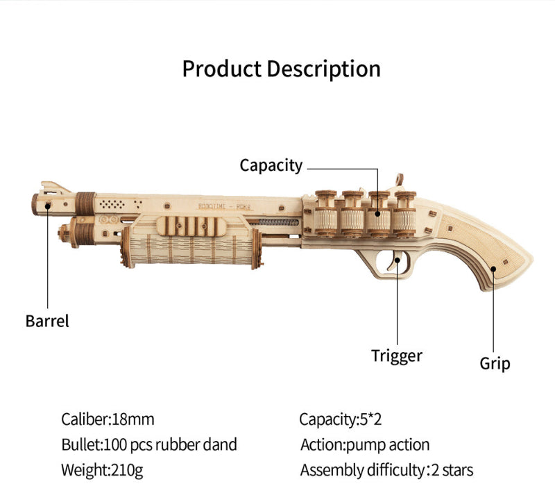Diagram of a wooden toy gun with labeled parts and specifications on a white background.
