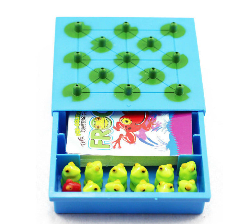 Children's educational game with frogs and lily pads in a blue box