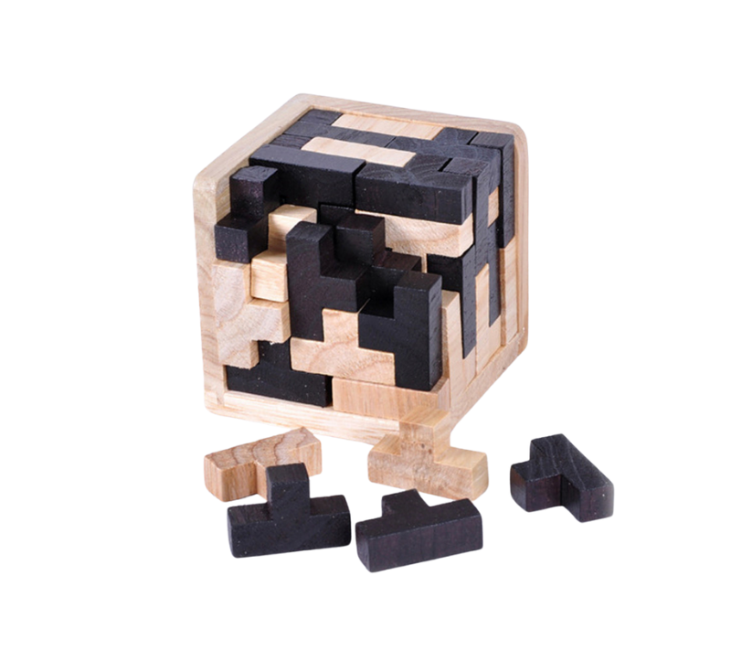 A 3D wooden puzzle made of interlocking blocks, some in black and others in a lighter wood color, arranged in a cube shape with a few blocks detached from the main structure.
