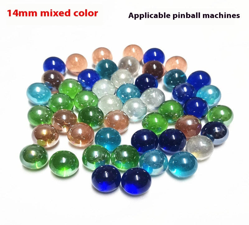 Assorted colored marbles on a white background with text indicating size and applicability to pinball machines.