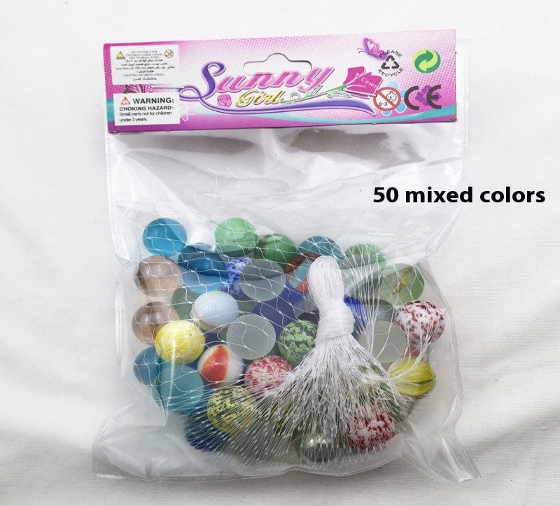 Bag of colorful marbles with a Sunny Girl packaging label on a white background