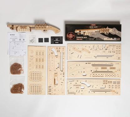 Wooden model kit with components and packaging on a white background