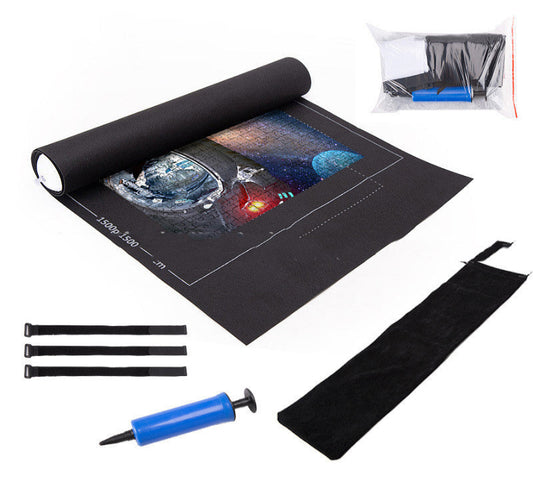 Black mat with space-themed design, blue pump, and black straps on a white background