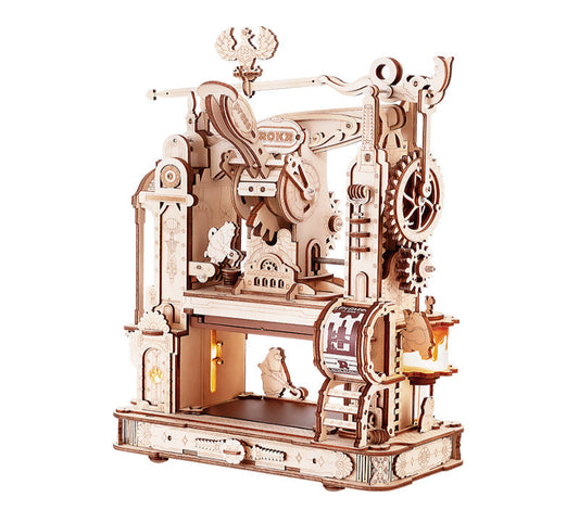Wooden mechanical model with intricate details on a white background