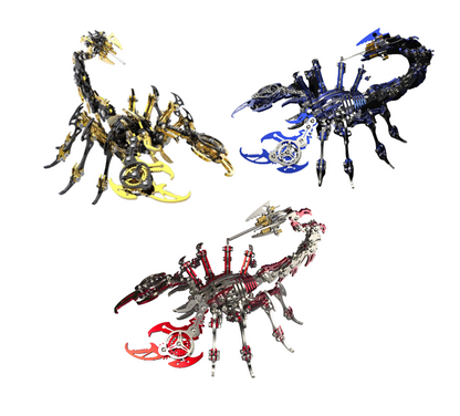 A set of three assembled metal puzzles in the shape of scorpions with a cybernetic design, featuring black and gold colors.