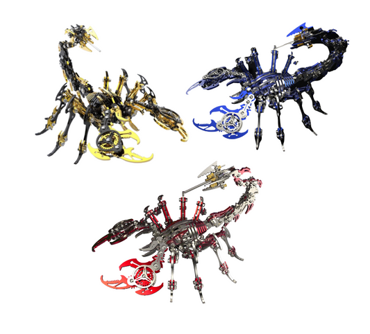 A set of three assembled metal puzzles in the shape of scorpions with a cybernetic design, featuring black and gold colors.