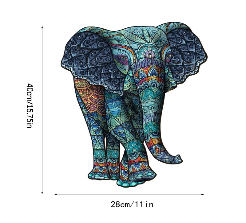 Colorful elephant design with measurements on a white background