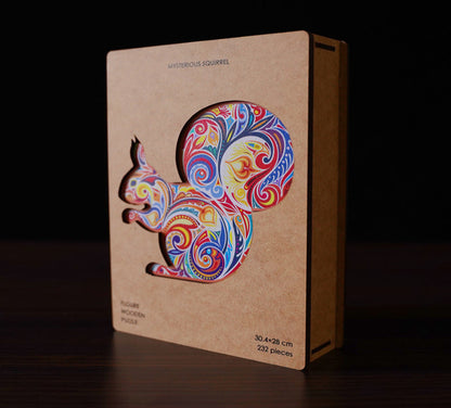 Puzzle box with a colorful squirrel design on a brown background