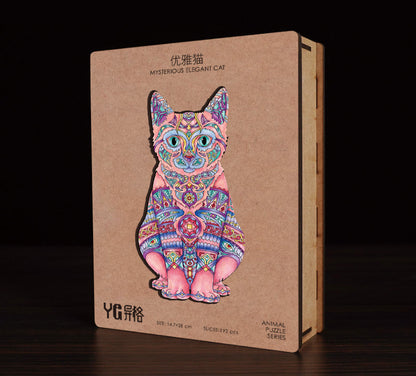Cardboard box with a colorful cat design on a dark background