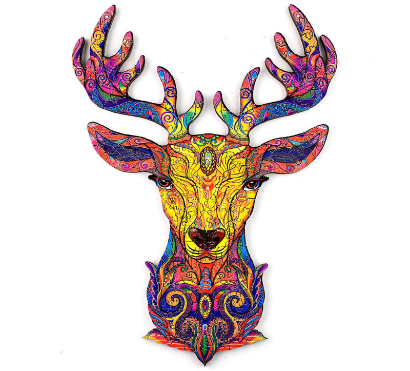 Colorful deer head wall art with intricate patterns on a white background