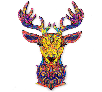 Colorful deer head wall art with intricate patterns on a white background
