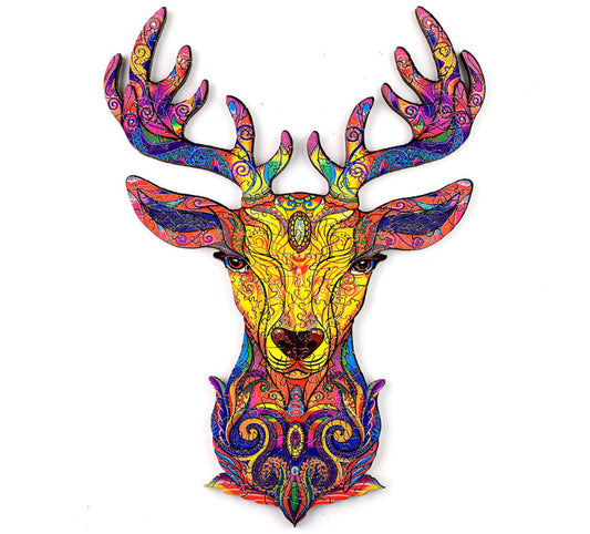Colorful deer head wall art with intricate patterns on a white background