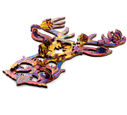Colorful wooden deer head mount on a white background