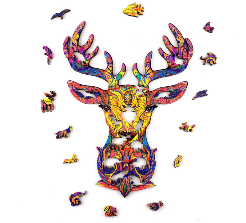 Colorful deer head puzzle with pieces scattered on a white background