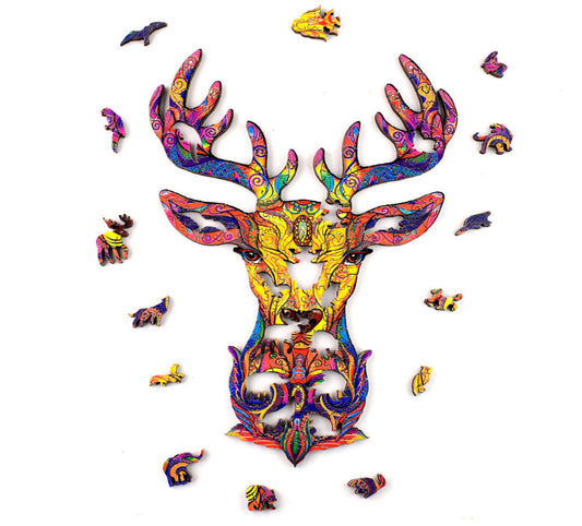 Colorful deer head puzzle with pieces scattered on a white background