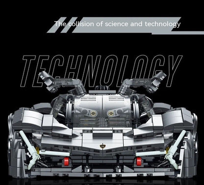 Model car made of interlocking bricks with 'TECHNOLOGY' text on a black background