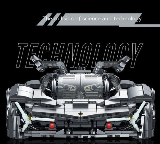 Model car made of interlocking bricks with 'TECHNOLOGY' text on a black background