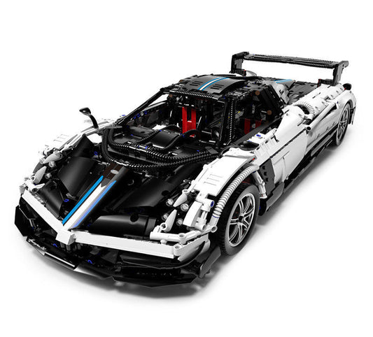 Model car made of interlocking bricks on a white background