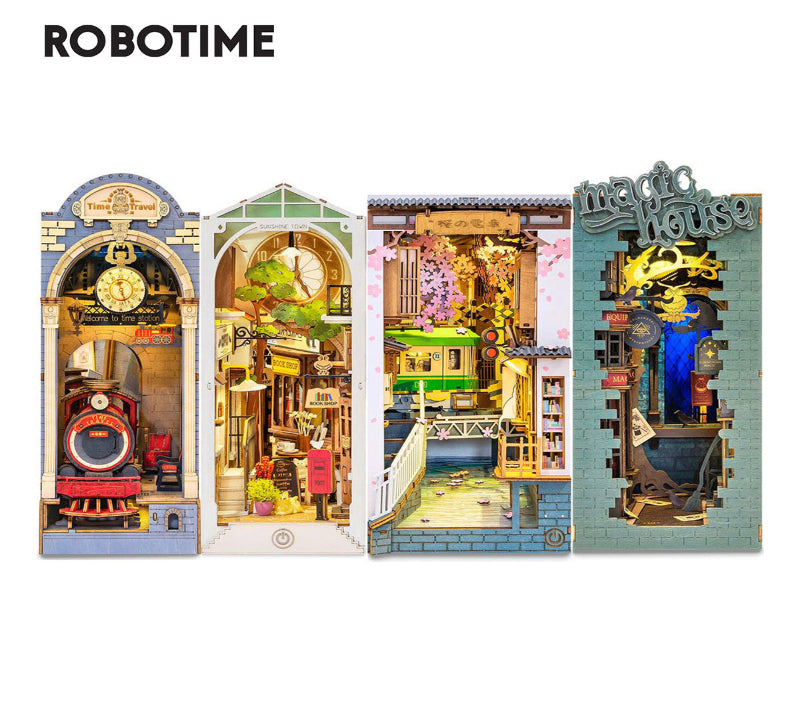 Four model houses with detailed interiors and ROBOTIME branding on a white background