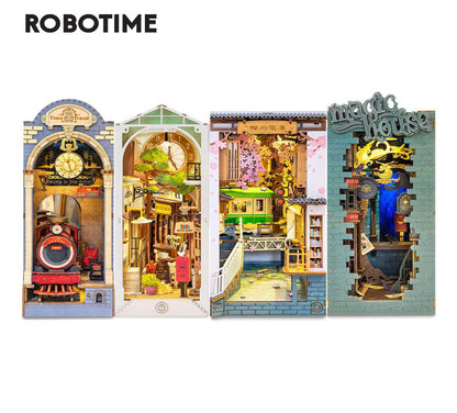 Four model houses with detailed interiors and ROBOTIME branding on a white background