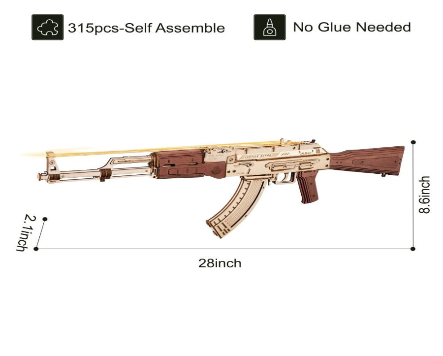 Wooden gun model with dimensions and assembly information on a white background