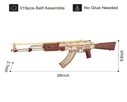 Wooden gun model with dimensions and assembly information on a white background