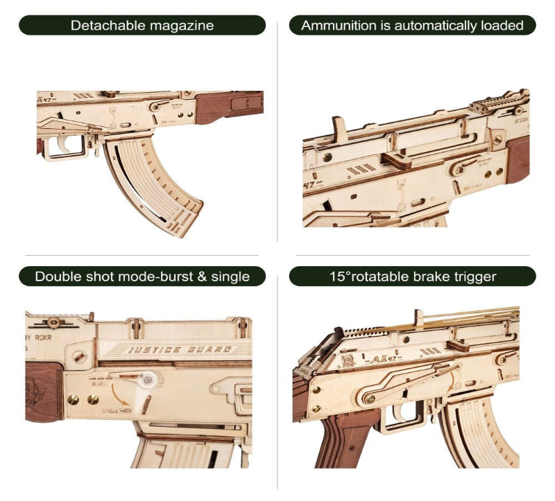 Wooden model of a firearm with features highlighted on a white background