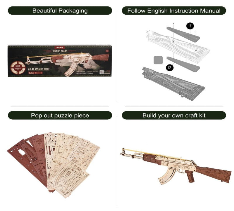 Wooden gun model kit with packaging, instruction manual, and puzzle pieces on a white background.