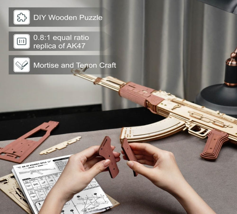 Wooden puzzle kit being assembled, resembling a firearm, with text on DIY wooden puzzles and ratios.