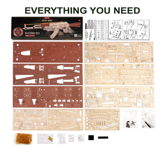 Model kit components including a box, parts, and tools on a white background