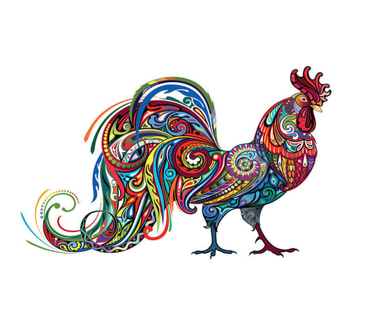 Colorful rooster illustration with intricate patterns on a white background