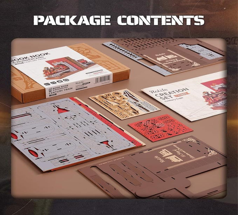 Package contents of a craft or model kit with various components on a wooden surface.