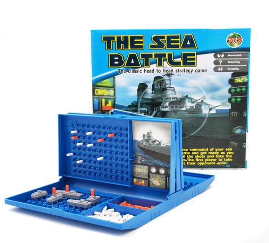 Board game set with 'The Sea Battle' packaging on a white background