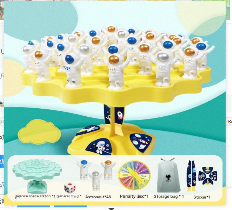 Toy set with space-themed figures on a yellow stand against a colorful background