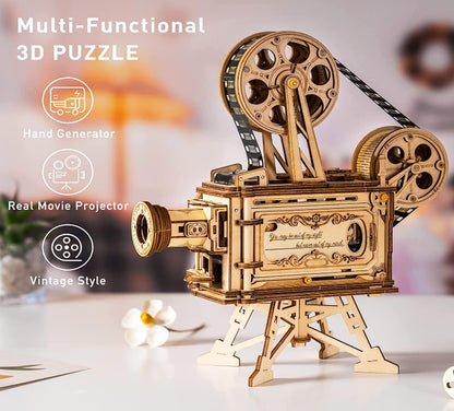 Wooden model of a movie projector with text 'Multi-Functional 3D PUZZLE' and features listed.