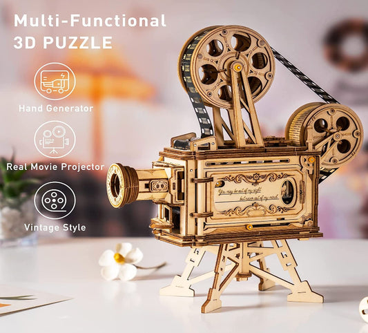 Wooden model of a movie projector with text 'Multi-Functional 3D PUZZLE' and features listed.