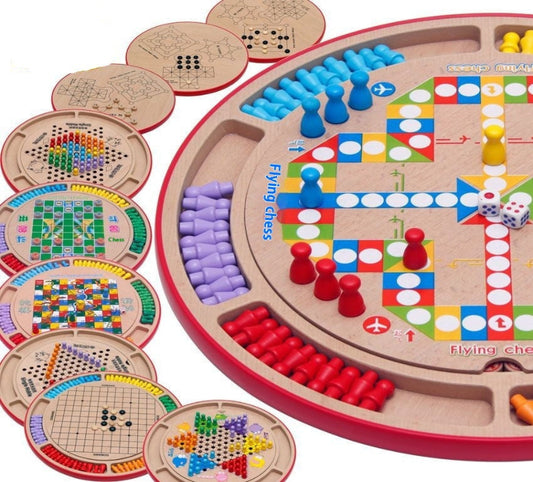 Board game with colorful pieces and multiple game boards displayed around it.