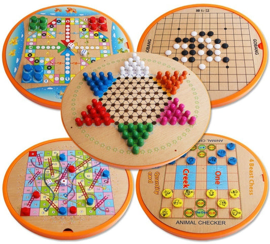 Collection of colorful board games with game pieces on a white background