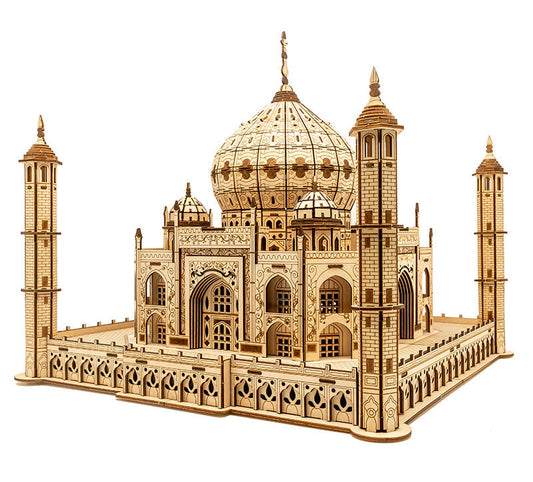 A 3D wooden puzzle model of the Taj Mahal with integrated lighting, assembled without glue.