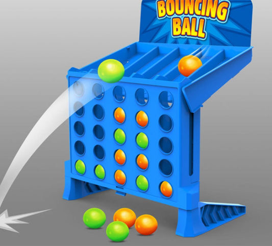 Blue bouncing ball game with colorful balls on a gray background
