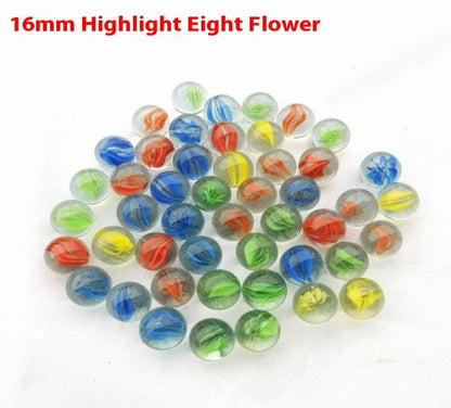 Colorful marbles labeled '16mm Highlight Eight Flower' on a white background